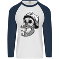 Old Sailor Skull Sailing Captain Mens L/S Baseball T-Shirt White/Navy Blue