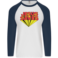 Jesus Saves Funny Christian Mens L/S Baseball T-Shirt White/Navy Blue