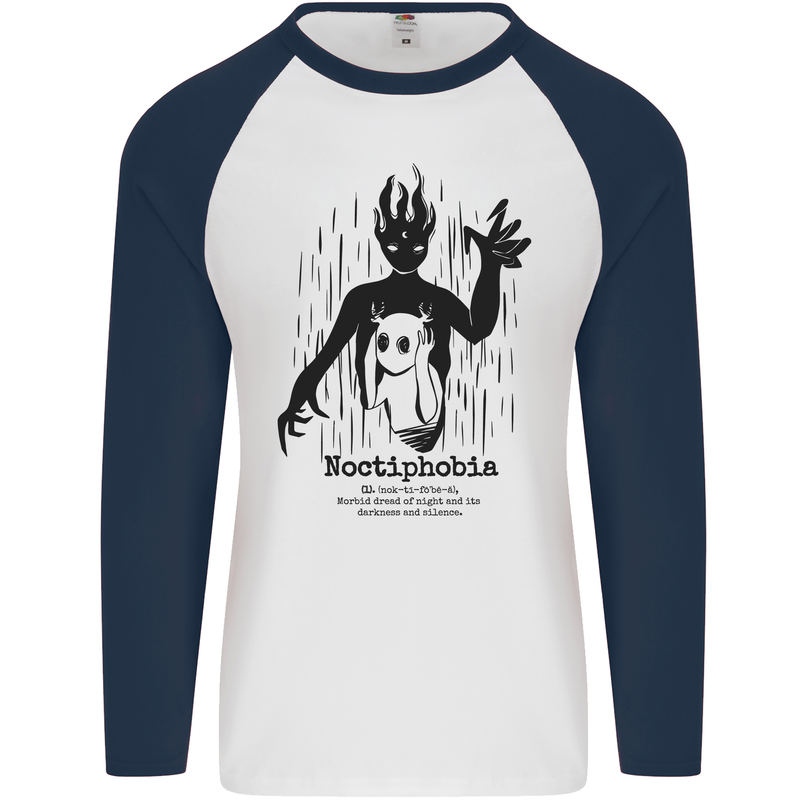 Noctiphobia Phobia of Night Halloween Mens L/S Baseball T-Shirt White/Navy Blue