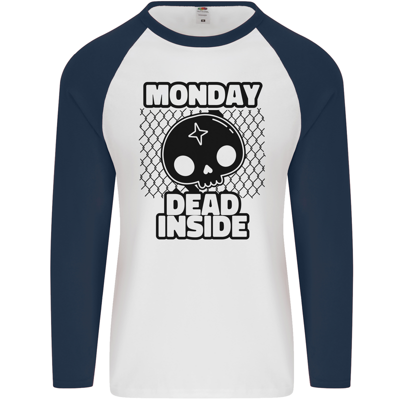 Monday Dead Inside Skull Work Mens L/S Baseball T-Shirt White/Navy Blue