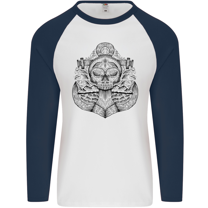 Anchor Skull Sailor Sailing Captain Pirate Ship Mens L/S Baseball T-Shirt White/Navy Blue