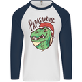 Christmas Papasaurus T-Rex Dinosaur Mens L/S Baseball T-Shirt White/Navy Blue