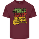 Peace Love Music Guitar Hippy Flower Power Mens Cotton T-Shirt Tee Top Maroon
