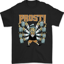 a black t - shirt with a cartoon character holding two dumbs