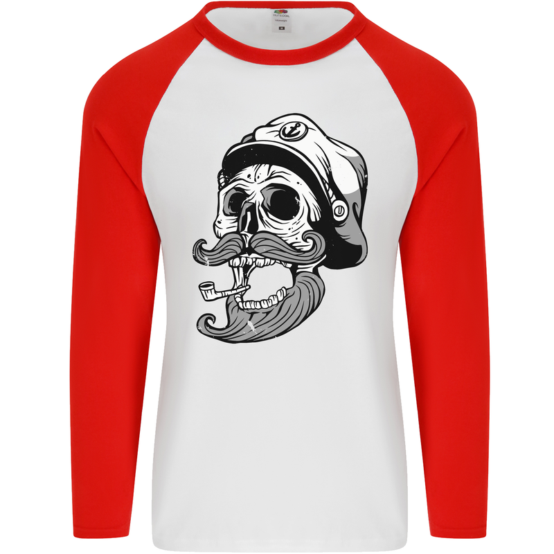 Old Sailor Skull Sailing Captain Mens L/S Baseball T-Shirt White/Red