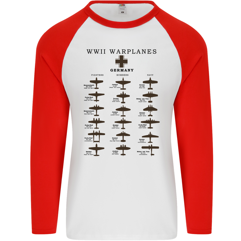German War Planes WWII Fighters Aircraft Mens L/S Baseball T-Shirt White/Red