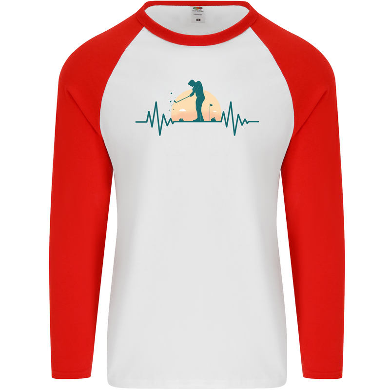 Golf Heartbeat Pulse Mens L/S Baseball T-Shirt White/Red