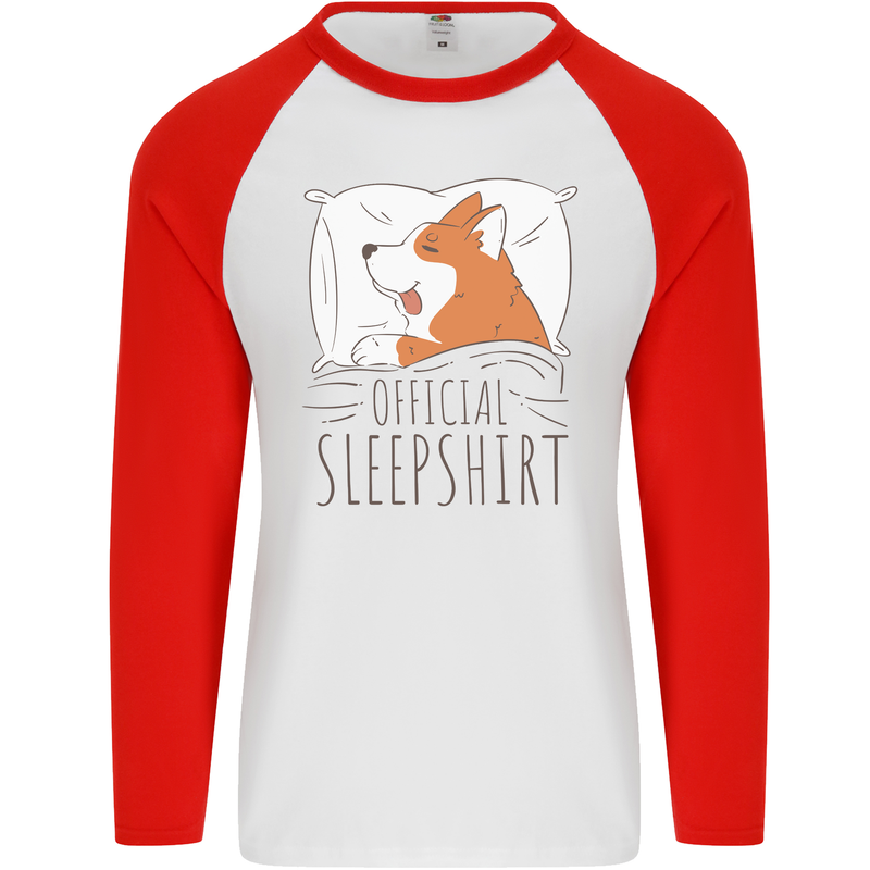 Corgi Sleeping Dog Mens L/S Baseball T-Shirt White/Red