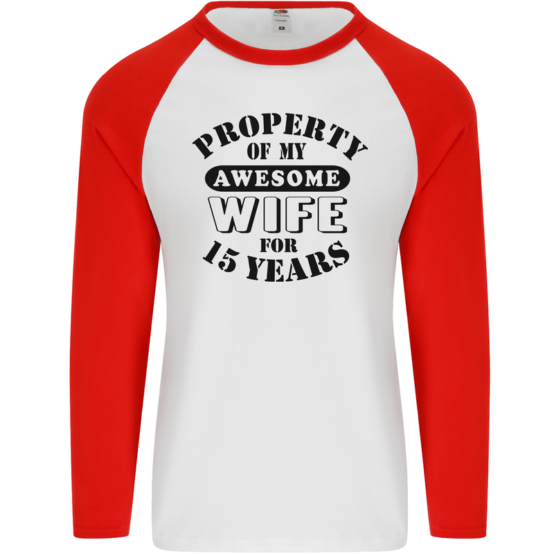 15th Wedding Anniversary 15 Year Funny Wife Mens L/S Baseball T-Shirt White/Red