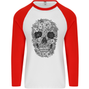 A Skull Made of Flowers Gothic Rock Biker Mens L/S Baseball T-Shirt White/Red