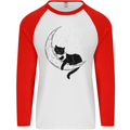 A Cat Reading a Book on the Moon Mens L/S Baseball T-Shirt White/Red