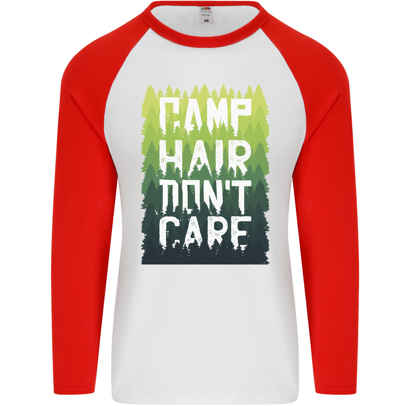 Camp Hair Dont Care Funny Caravan Camping Mens L/S Baseball T-Shirt White/Red