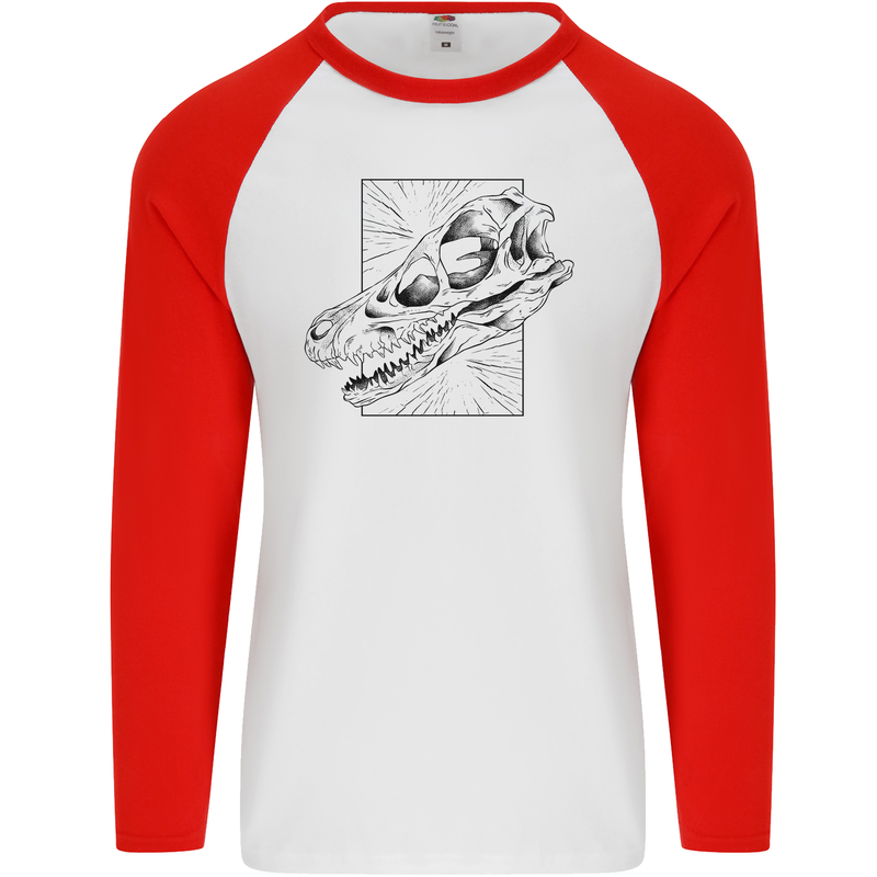 Velociraptor Skull Dinosaurs Palaeontology Mens L/S Baseball T-Shirt White/Red