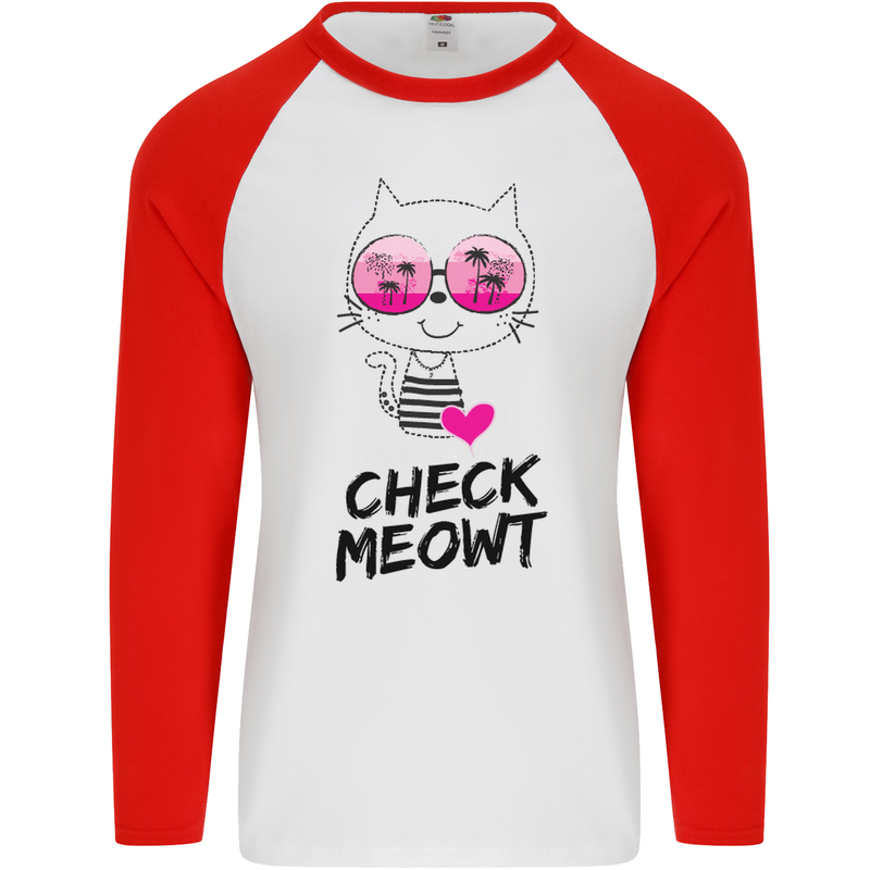 Check Meowt Mens L/S Baseball T-Shirt White/Red