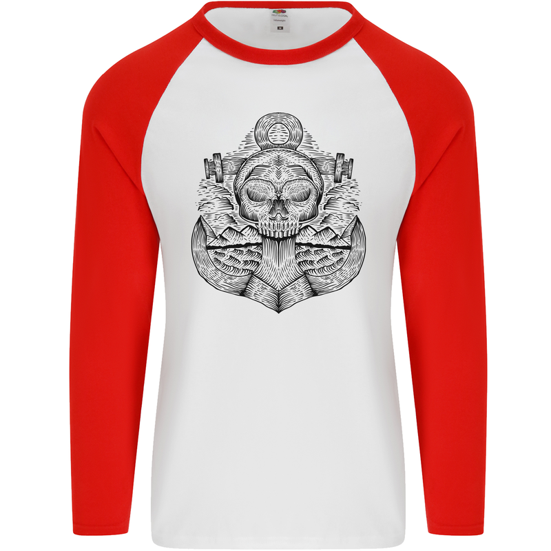 Anchor Skull Sailor Sailing Captain Pirate Ship Mens L/S Baseball T-Shirt White/Red