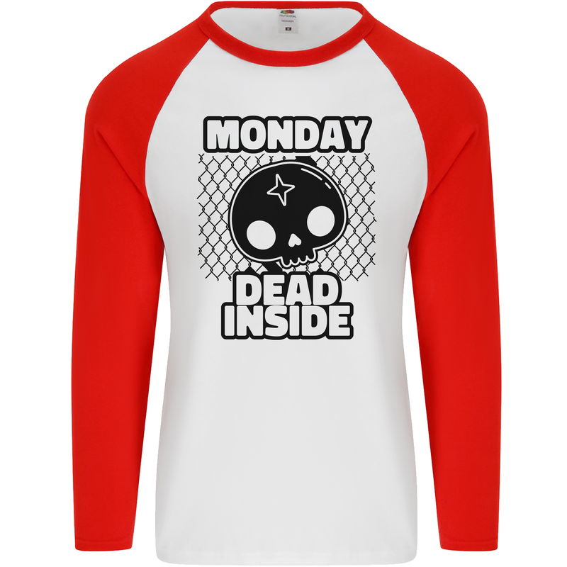 Monday Dead Inside Skull Work Mens L/S Baseball T-Shirt White/Red