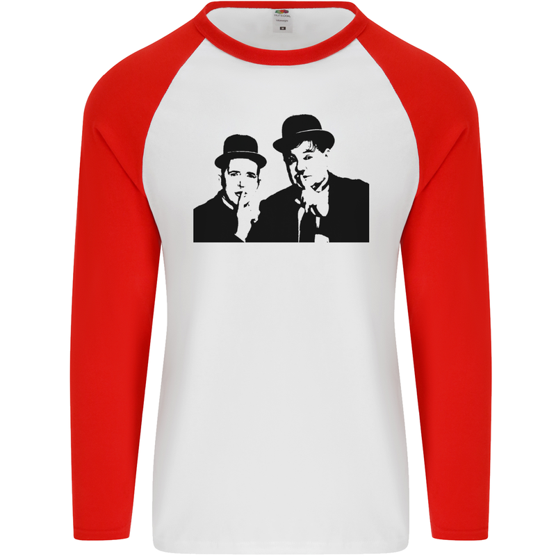 Dick and Doof Aka Laurel & Hardy Mens L/S Baseball T-Shirt White/Red