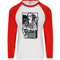 Electric Guitar Mona Lisa Rock Music Player Mens L/S Baseball T-Shirt White/Red