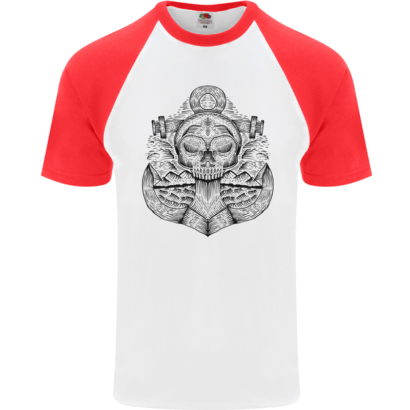 Anchor Skull Sailor Sailing Captain Pirate Ship Mens S/S Baseball T-Shirt White/Red