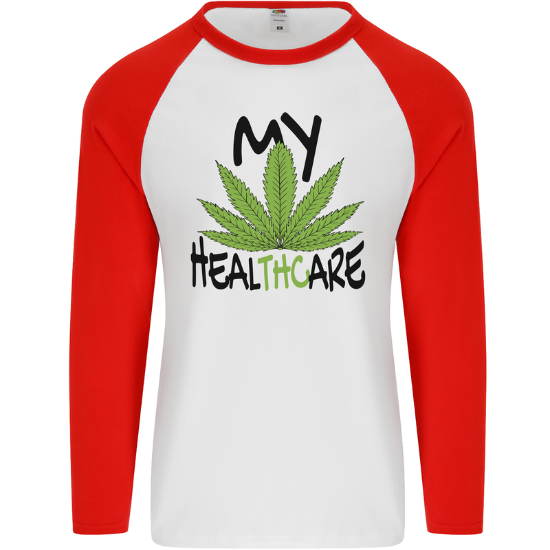 Weed My HealTHCare Cannabis Funny THC Mens L/S Baseball T-Shirt White/Red