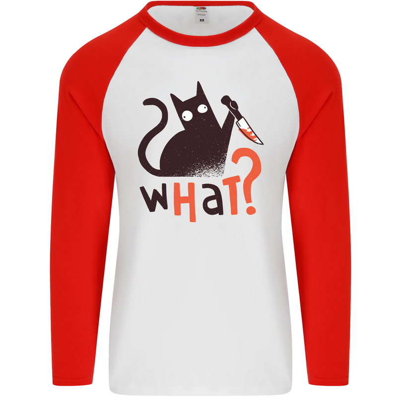 What? Funny Murderous Black Cat Halloween Mens L/S Baseball T-Shirt White/Red