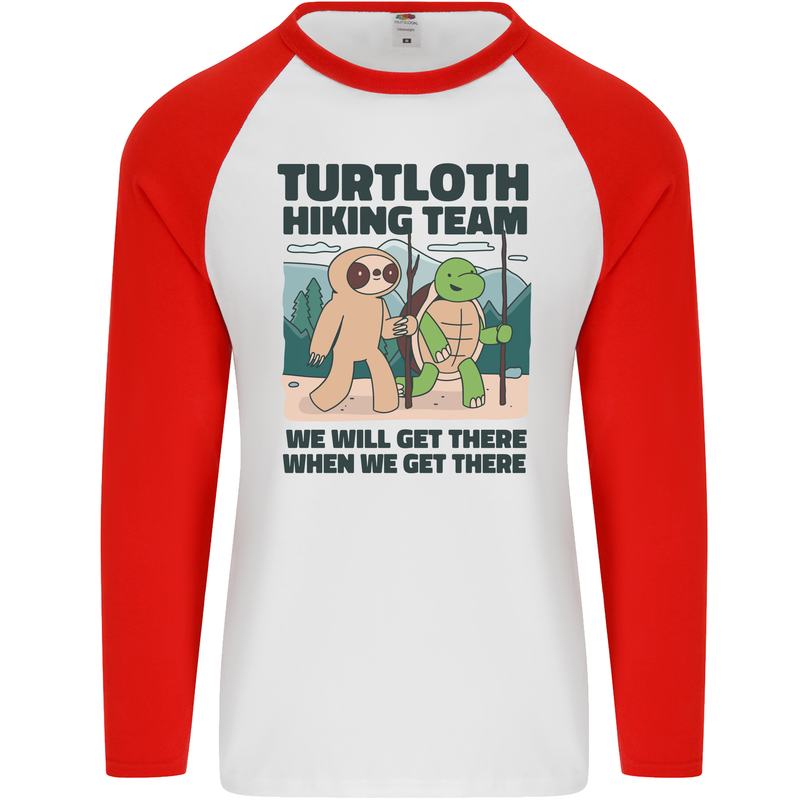 Turtloth Hiking Team Hiking Turtle Sloth Mens L/S Baseball T-Shirt White/Red