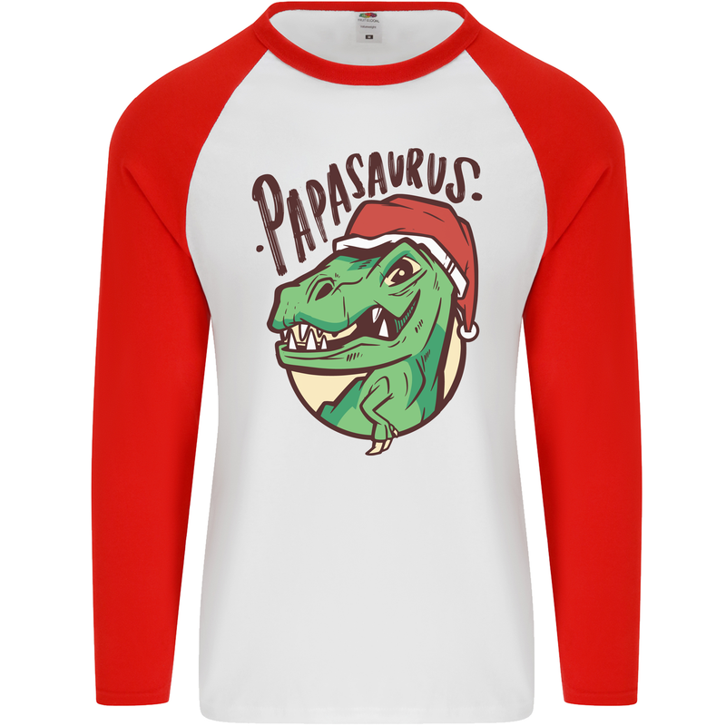 Christmas Papasaurus T-Rex Dinosaur Mens L/S Baseball T-Shirt White/Red