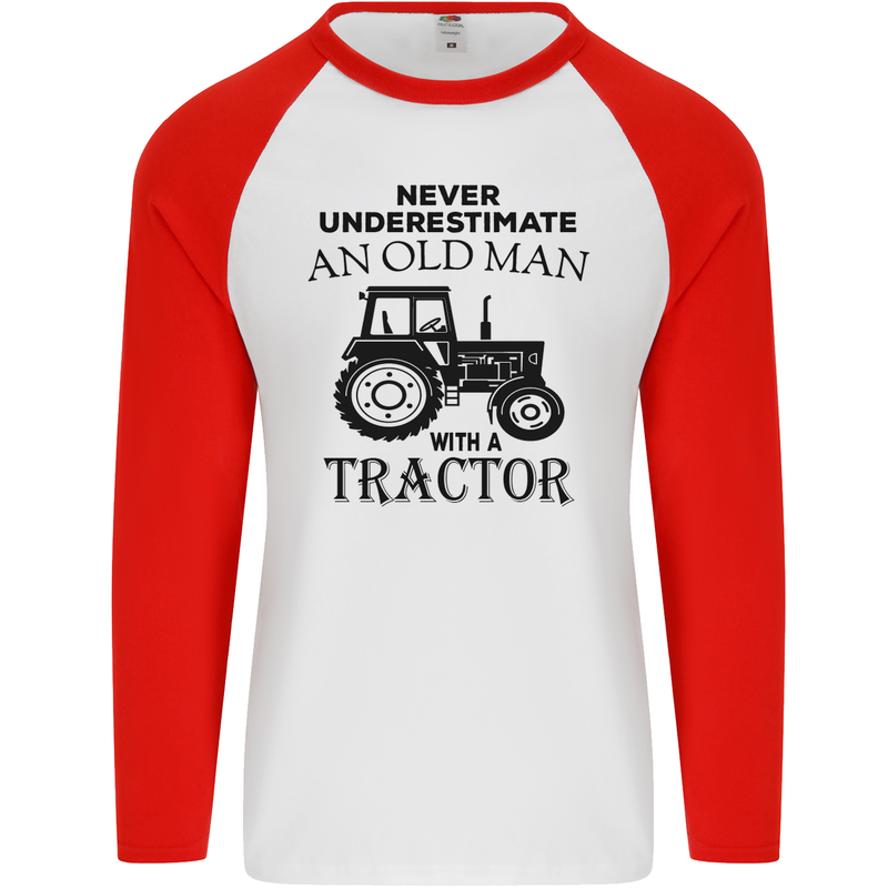 Old Man With a Tractor Driver Farmer Farm Mens L/S Baseball T-Shirt White/Red