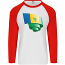 Curled Saint Vincent and Grenadines Flag Football Mens L/S Baseball T-Shirt White/Red