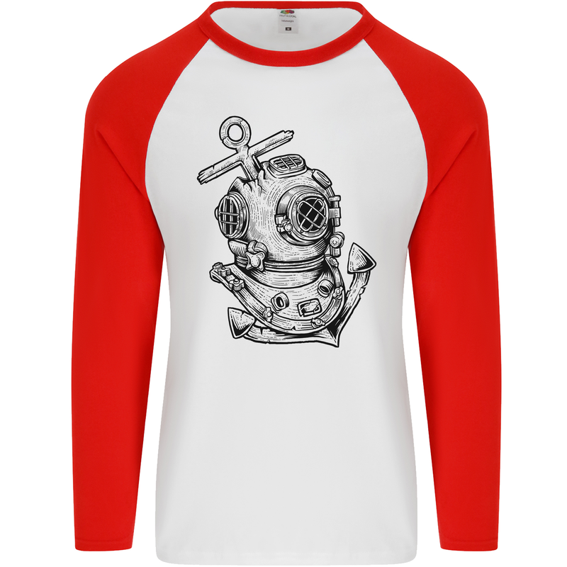 Scuba Diving Anchor Diver Sailing Sailor Mens L/S Baseball T-Shirt White/Red
