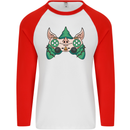 Christmas Elf Video Game Controller Joypad Xmas Mens L/S Baseball T-Shirt White/Red