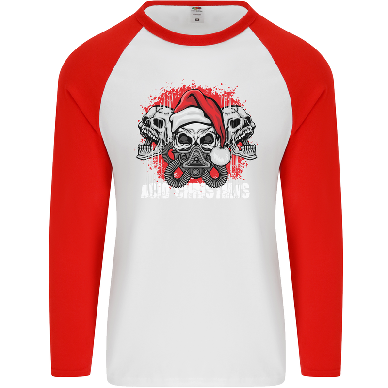 Acid Christmas Skulls Mens L/S Baseball T-Shirt White/Red