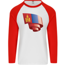 Curled Mongolia Flag Mongolian Day Football Mens L/S Baseball T-Shirt White/Red