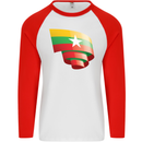 Curled Myanmar Flag Burmese Day Football Mens L/S Baseball T-Shirt White/Red