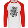 Butterflies & Flowers in the Wild Nature Mens L/S Baseball T-Shirt White/Red