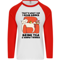 I Drink Tea and Know Things Funny Cat Mens L/S Baseball T-Shirt White/Red