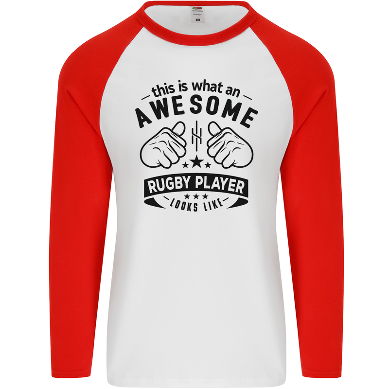 An Awesome Rugby Player Looks Like Union Mens L/S Baseball T-Shirt White/Red