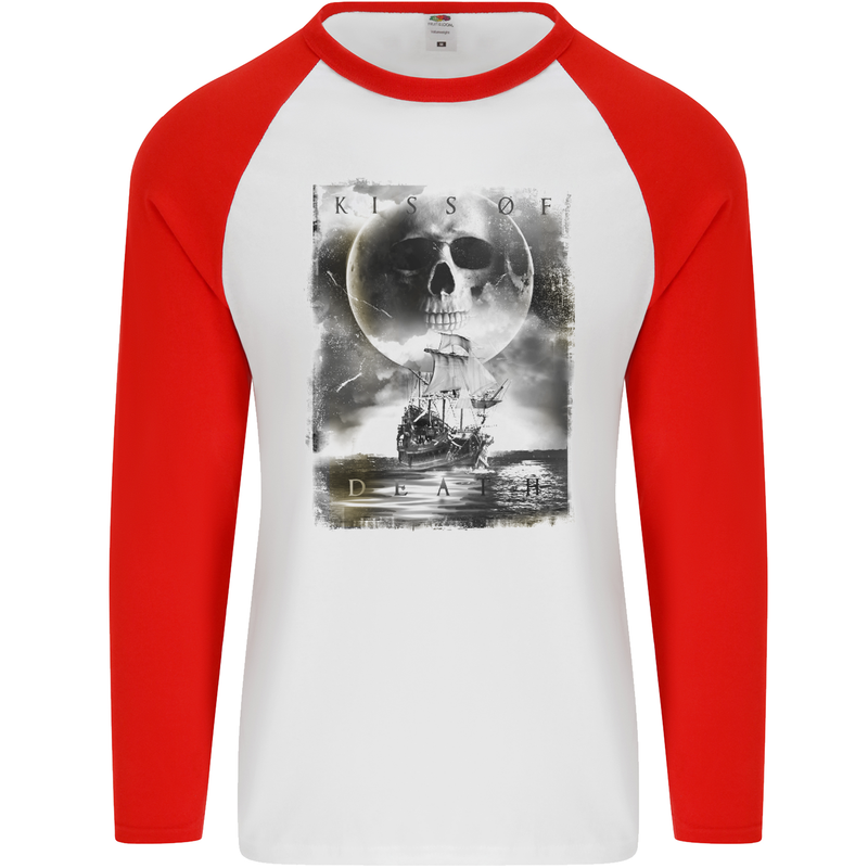 Kiss of Death Pirates Sailing Sailor Mens L/S Baseball T-Shirt White/Red