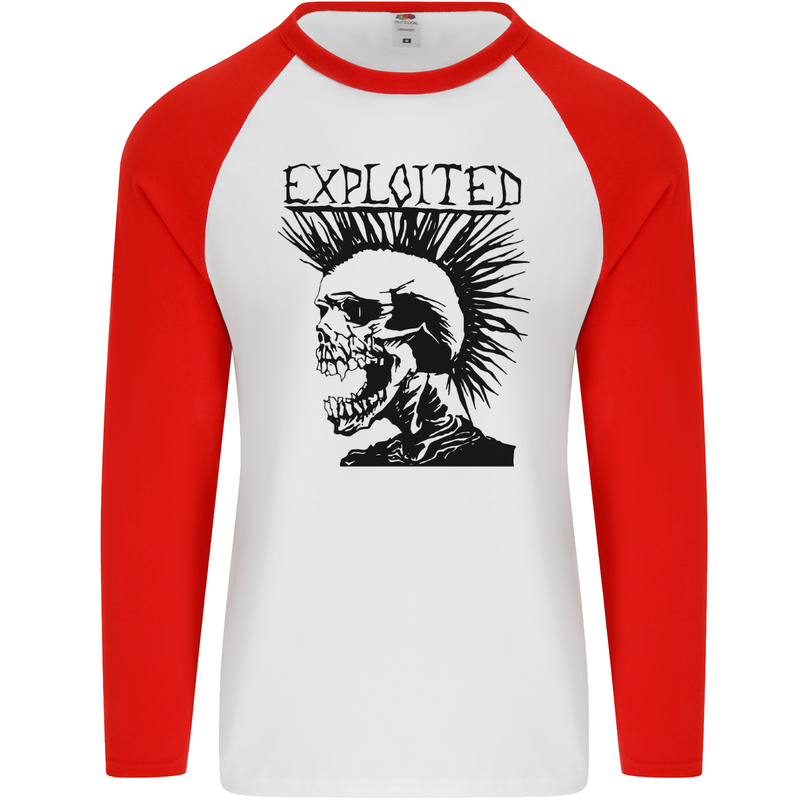 Exploited Punk Rock Skull Skinhead Mohican Mens L/S Baseball T-Shirt White/Red