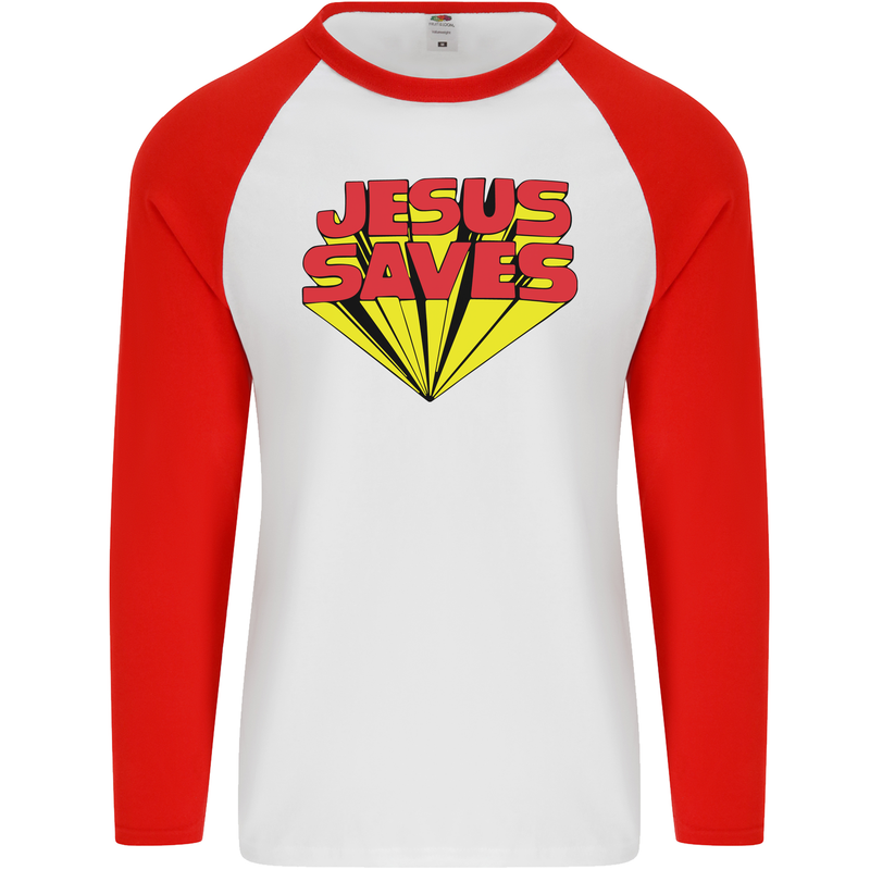 Jesus Saves Funny Christian Mens L/S Baseball T-Shirt White/Red