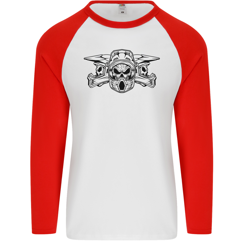 Motocross Skulls Dirt Bike MotoX Motorcycle Mens L/S Baseball T-Shirt White/Red