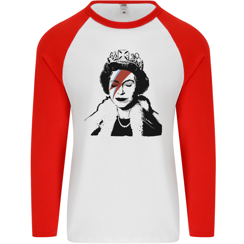 Banksy The Queen with a Bowie Look Mens L/S Baseball T-Shirt White/Red