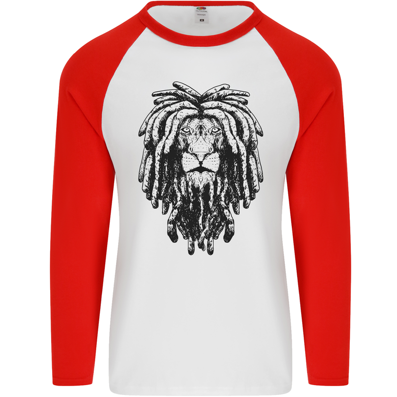 A Rasta Lion With Dreadlocks Jamaican Reggae Mens L/S Baseball T-Shirt White/Red