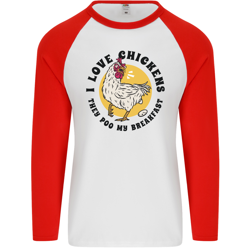 Chickens Poo My Breakfast Funny Food Eggs Mens L/S Baseball T-Shirt White/Red