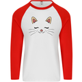 Cute Cat Face Mens L/S Baseball T-Shirt White/Red