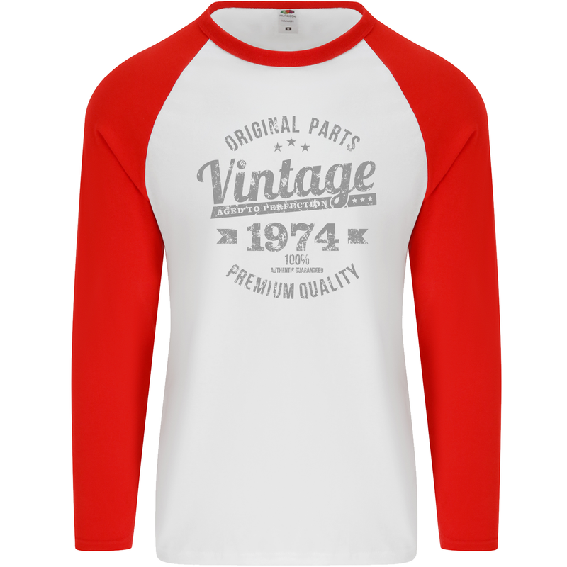 Vintage Year 49th Birthday 1974 Mens L/S Baseball T-Shirt White/Red