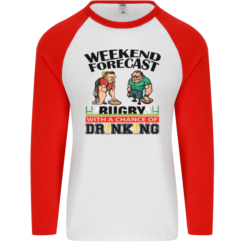 Weekend Forecast Rugby Funny Beer Alcohol Mens L/S Baseball T-Shirt White/Red