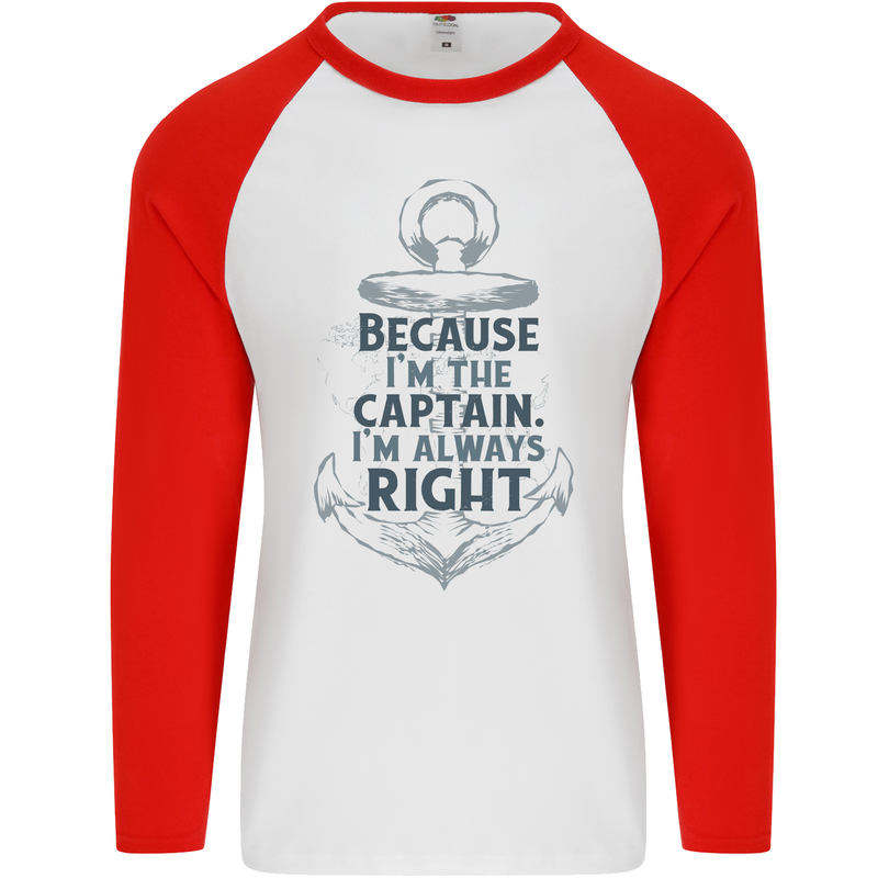 Sailing Captain Narrow Boat Barge Sailor Mens L/S Baseball T-Shirt White/Red