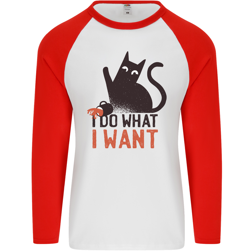 I Do What I Want Funny Cat Mens L/S Baseball T-Shirt White/Red