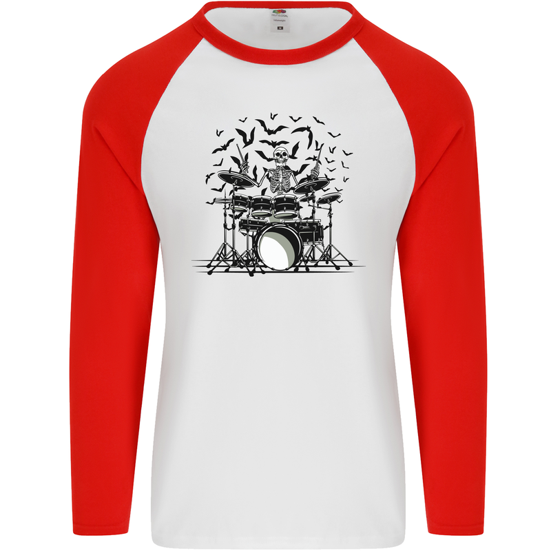 Skeleton Drummer Drumming Drum Skull Funny Mens L/S Baseball T-Shirt White/Red